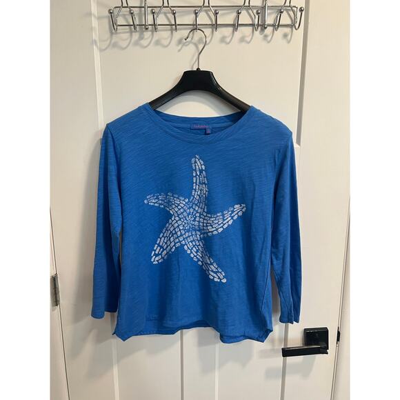 Fresh Produce 3/4 Sleeve Blue Starfish Cotton Blouse Beach Boho Womens Sz Medium - Picture 2 of 8